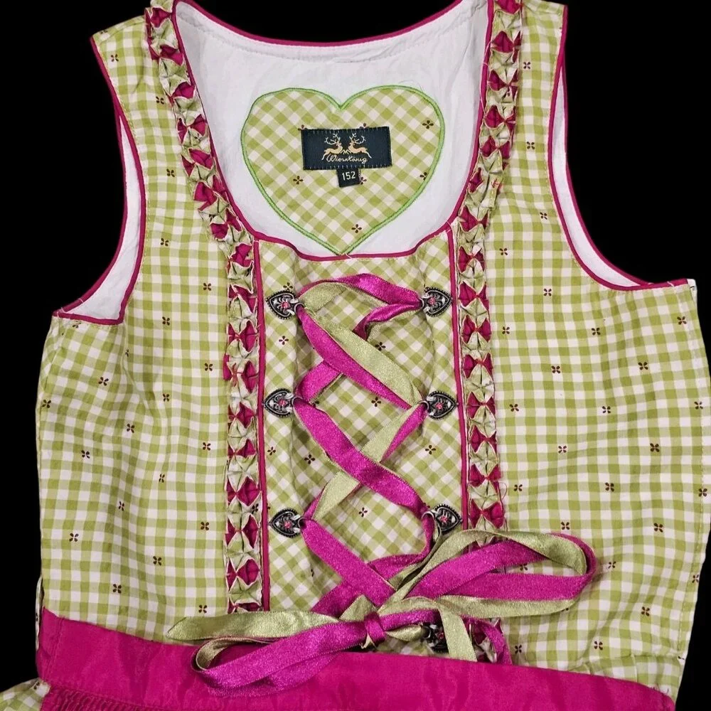 Wiesnkonig Girls German Dirndl Apron Dress Green Pink Sz‎ 12 Octoberfest
